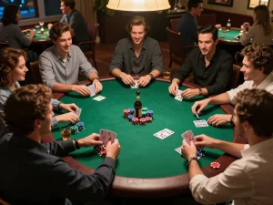 Hit club players enjoying an exciting poker game night with friends, showcasing strategic hands and camaraderie.