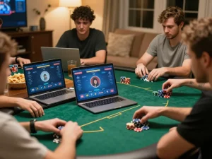 Go8 players strategizing during an exciting online poker game in a cozy home setting