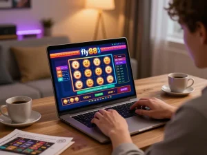 Engage in thrilling online gameplay at fly88, showcasing a vibrant gaming interface and cozy setup.