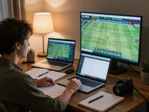 Engaging in kèo nhà cái betting analysis while using multiple screens for live sports in a cozy room.