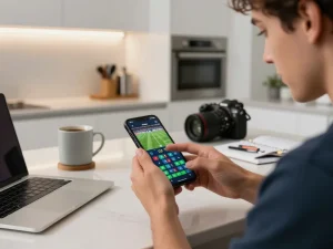 Placing bets on cm88's live app, focused player engaged in sports betting action at home.