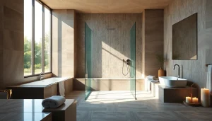 Experience elegant showers in a luxurious bathroom with natural light and modern design.