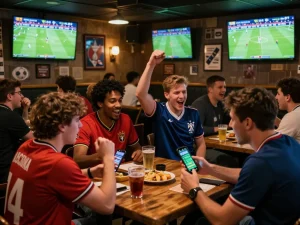 Exciting scene of fans engaged in trang cá cược bóng đá at a local pub during a live match, with screens showing games and cheering friends analyzing odds.