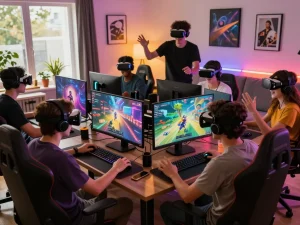 Players enjoying sun win gaming platform in a dynamic online gaming environment with ergonomic setups and vibrant game graphics.