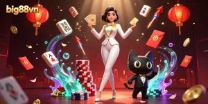 big88vn features a glamorous woman shuffling cards with a playful cat, celebrating casino vibes.