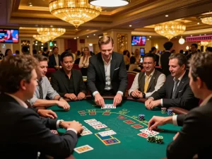 Players engage in high-stakes blackjack strategy at a casino table featuring tr88 betting elements.