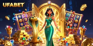 Spin the reels at UFABET, featuring a glamorous woman and golden gaming treasures in a vibrant 3D illustration.