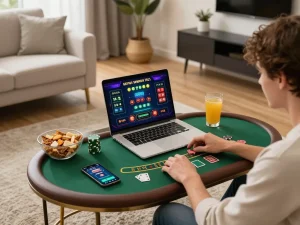 Person enjoying the innovative 33WIN online blackjack experience at home, showcasing strategic gameplay.