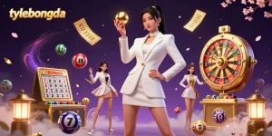 Elevate your gaming with tylebongda's dynamic 3D casino scene featuring a confident Asian woman holding a roulette ball, surrounded by vibrant gaming elements.