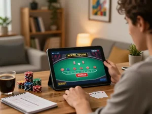Engaged user playing F168 live dealer blackjack on a tablet, showcasing strategic gameplay.