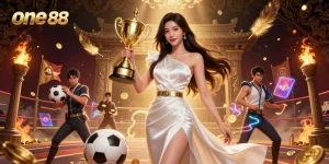 Experience thrilling action at one 88, where a stunning Asian woman celebrates victory in a glamorous casino setting.