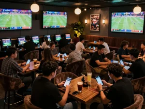 Bong99 bettors analyzing live match odds in a lively sports betting lounge with modern decor.