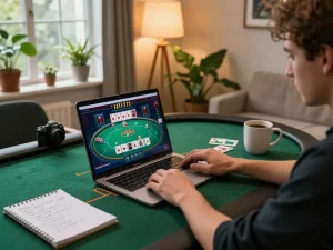 Player engaging in online casino games on laptop while tracking betting strategies, highlighting 88xx.