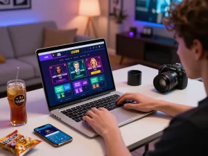 Engaging online betting experience on UU88 platform with laptop, smartphone, and vibrant atmosphere.