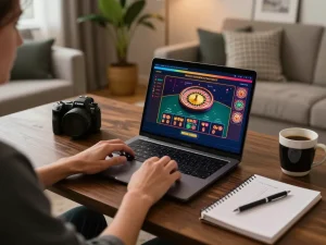 Player engaging in live dealer casino game on a laptop, showcasing 789p online gaming experience.