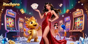 Engage in thrilling games with itechpro's stunning casino environment featuring vibrant slot machines.