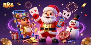 Engage in the excitement of BJ66, showcasing festive characters in a vibrant, casino-themed illustration.