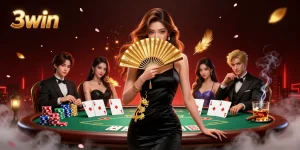 Engage with 3win's elite poker table challenge featuring a captivating player and lavish casino elements.