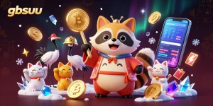 gbsuu features a cheerful tanuki and maneki-neko cats surrounded by vibrant casino elements.