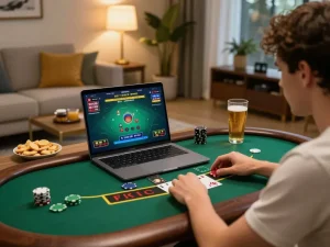 Player enjoying nhà cái go99 with live dealer blackjack on a laptop in a cozy home setting