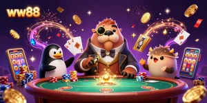 ww88 players enjoy a lively underwater poker game with a walrus, penguin dealer, and a bluffing pufferfish.