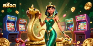 Spin winning สล็อต reels with a mesmerizing 3D woman and golden cobra in casino artwork.