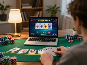 8kbet user enjoying an exciting live dealer blackjack game at home in a cozy setting