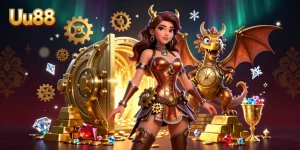 Spin the Wheel of Fortune at Uu88 with a dazzling illustration of gold treasures and animated fun.