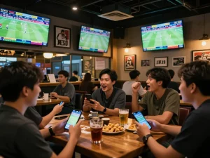 Engaging sports betting atmosphere with live matches and Keonhacai5 resources showing excitement.