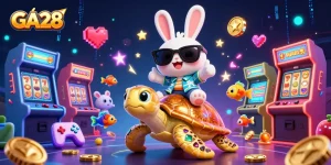 Experience GA28's exciting casino vibe with a lucky rabbit and golden turtle amidst slot machines.