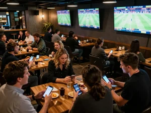 BJ88 patrons engaging in sports betting at a lively bar, smartphones in hand, excited atmosphere