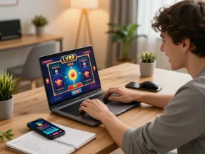 Engaged player enjoying LV88 online casino experience with vibrant game display and strategic notes.