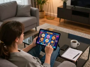 Engaging in online gaming at home with Fly88, showcasing a person using a tablet in a cozy living room.