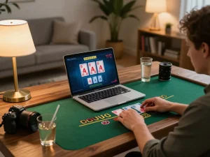 Luck8 player engaged in live dealer blackjack on laptop showcasing strategic gameplay.