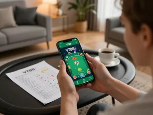 VT88 players engaged in online poker gaming on smartphone in a warm home setting.