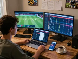 Engaging with ty le keo during an online sports betting session at home, showcasing strategic analysis and tools.