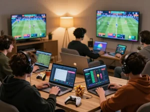 In a vibrant home setup, players use debet apps for strategic sports betting excitement.