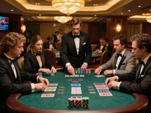 Players strategizing at a high-stakes blackjack table in the luxury casino sc88hd setting