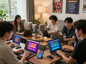 Engaging players participating in đánh đề online in a lively living room setting, showcasing excitement and betting platforms.