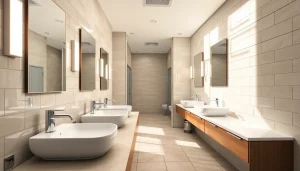 Elevating commercial washroom refurbishment with modern fixtures and bright, inviting atmosphere.
