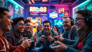 Engaged gamers playing rr88 Game with excitement in a vibrant gaming room.