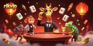 Join the vibrant scene of rikvip with high-roller giraffe, monkey valet, and chameleon bartender at a lavish casino.
