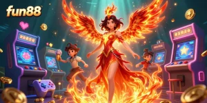 Engage with fun88's immersive casino experience, featuring a stunning Asian woman, magical phoenix, and vibrant game elements.