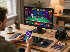 Player enjoying the 88vv app on a smartphone at home, surrounded by a cozy gaming setup.