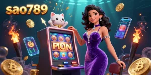 Spark exciting gameplay at sao789 with a glamorous woman beside a jackpot slot machine, celebrating wins.