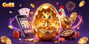 Experience Go88's vibrant casino atmosphere with a golden dragon among poker chips and dynamic gaming elements.