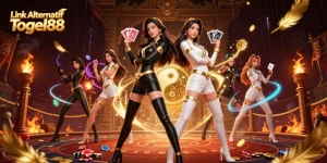 Engage with Link Alternatif Togel88 in a vibrant 3D casino scene featuring twin Asian women holding playing cards, surrounded by dynamic gaming elements.