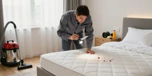 Professional bed bug exterminator inspecting bedroom for infestation signs with tools and notes.