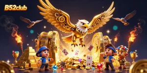 B52club offers thrilling gameplay experiences, featuring a cybernetic eagle navigating a treasure-filled casino landscape.