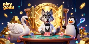 Play go88 at a vibrant casino scene with characters, treasures, and sparkling elements.